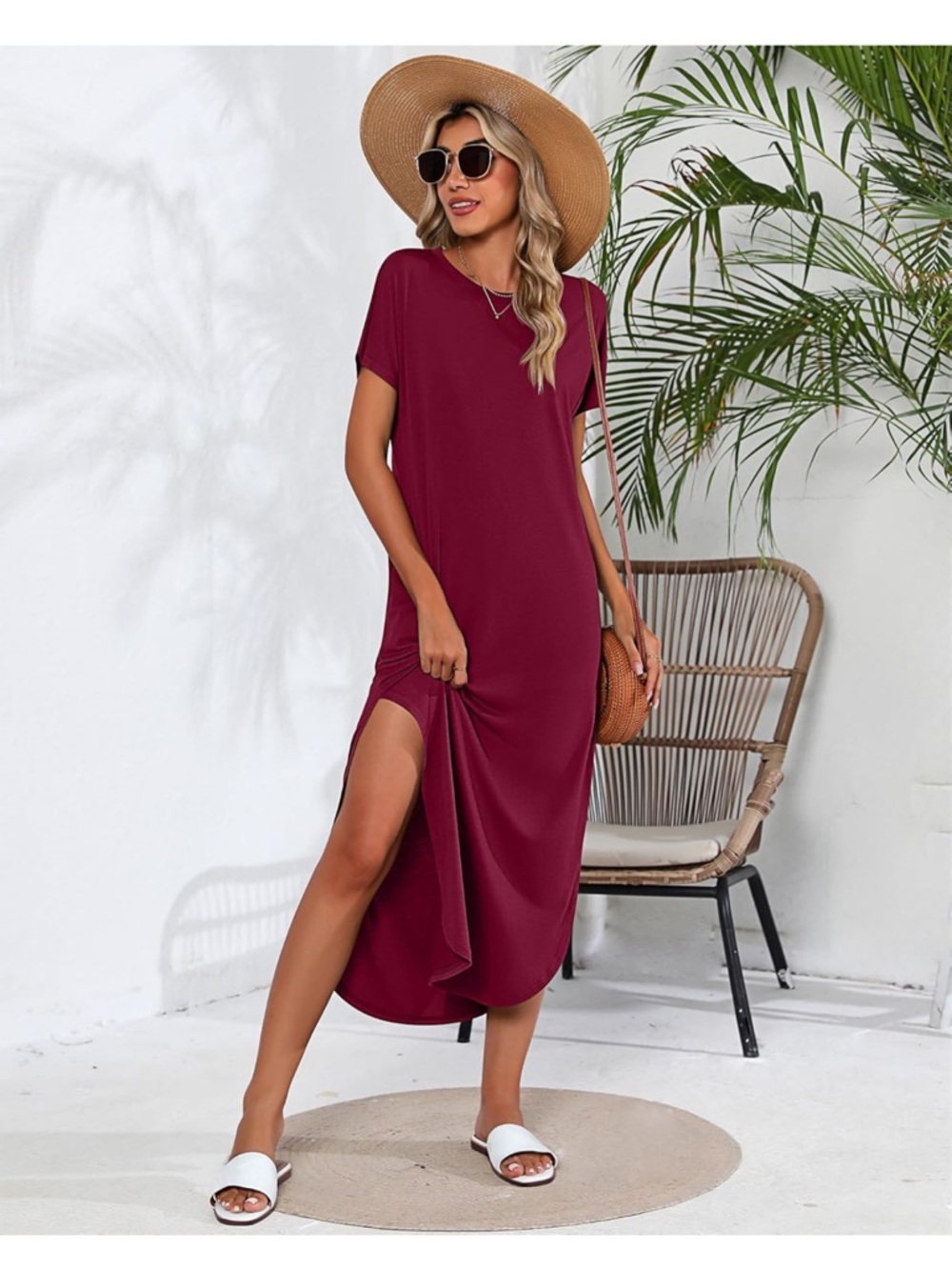 NWOT Casual Short-Sleeve Side-Slit Maxi Dress in Deep Wine